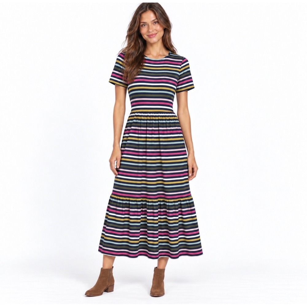 Boden Multi Stripe Tiered Maxi Dress Womens US 8R UK 12R Short Sleeve Cotton